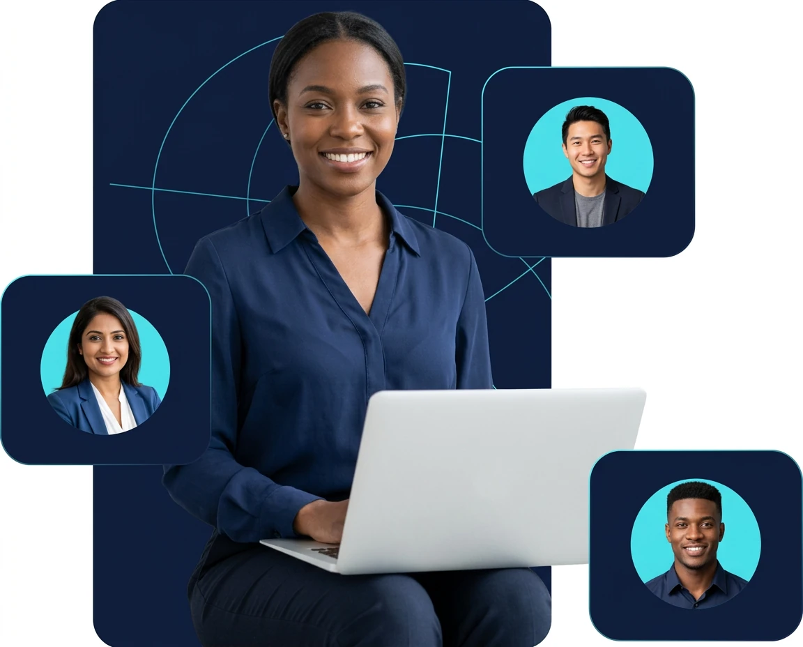 Illustrative remote professional using a laptop, surrounded by three different professional portraits in navy and cyan.